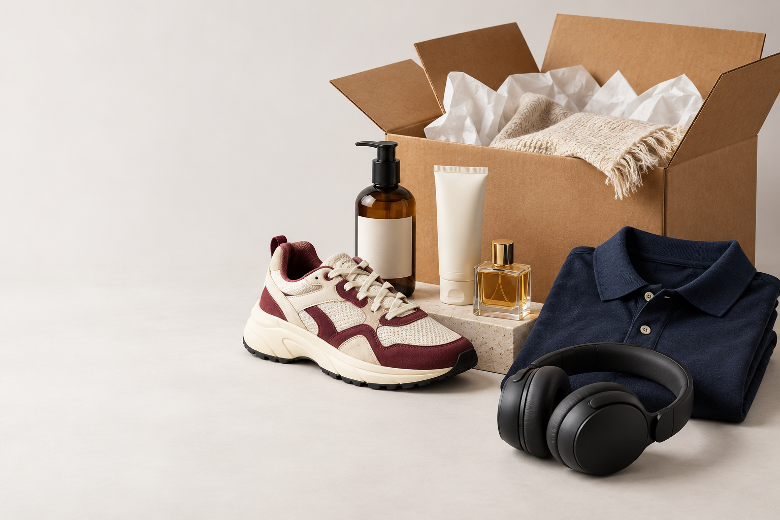 Sneakers, skincare, clothing and headphones arranged beside a shipping box